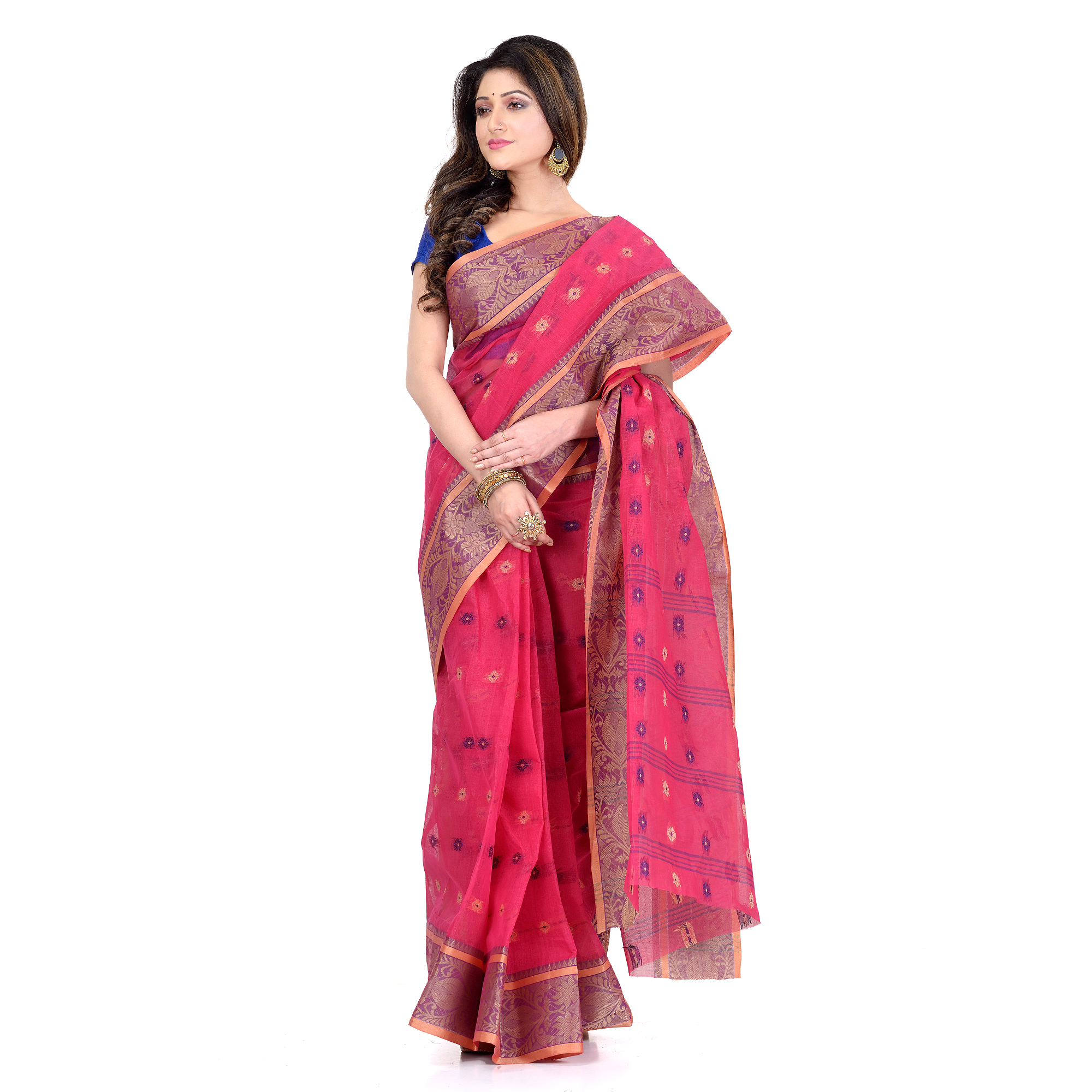 Bengal Tant Woven Bee Kolka Design Pure Handloom Cotton Saree Without Blouse Piece (Pink)
